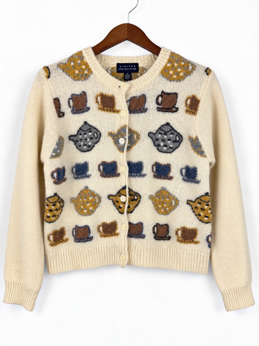 Vintage 90s The Limited Teapot Teacup Wool Cardigan Sweater S